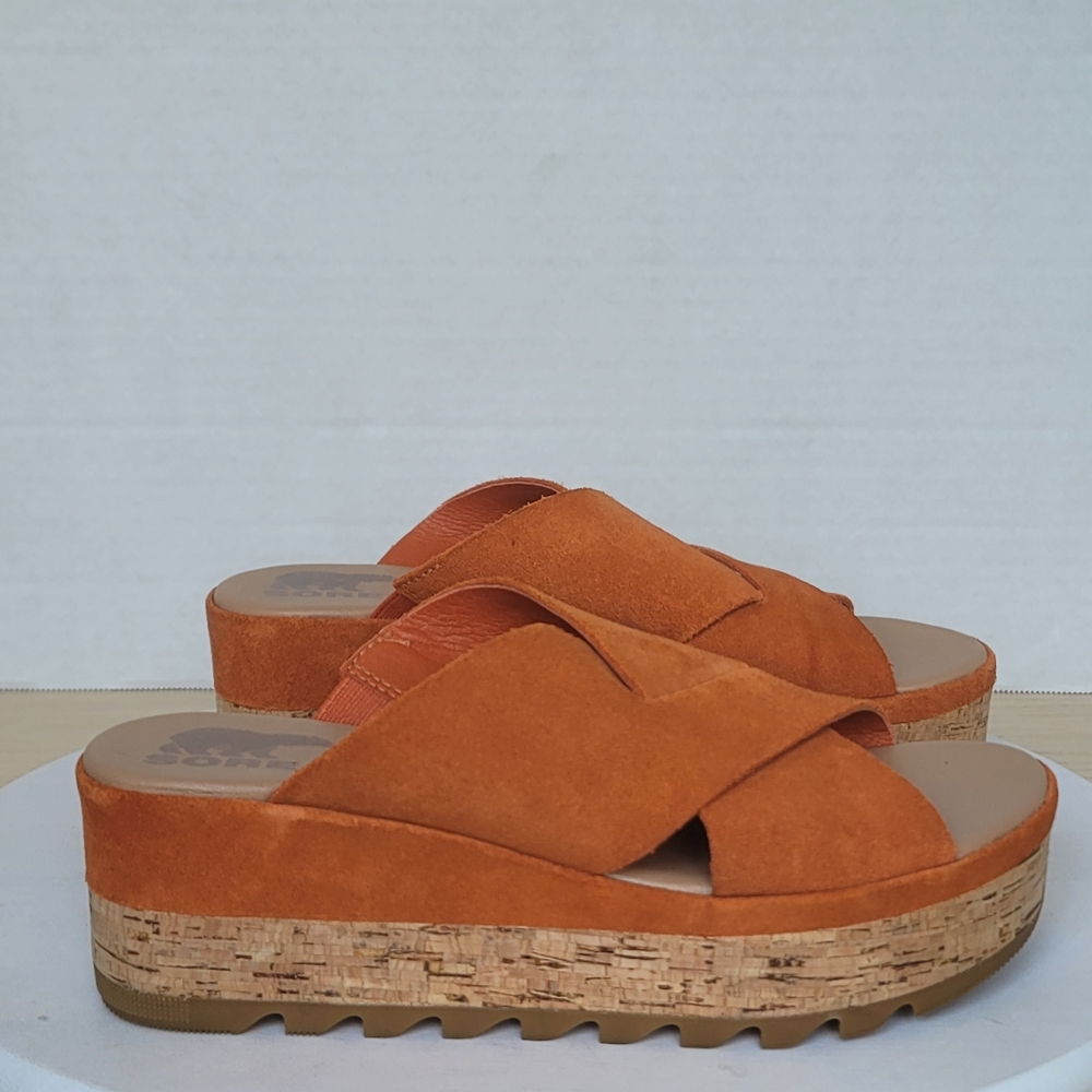 Sorel Cameron Desert Sun Gum Suede Boho Criss Cross Flatform Mule Sandal Sz 6 - Picture 3 of 17